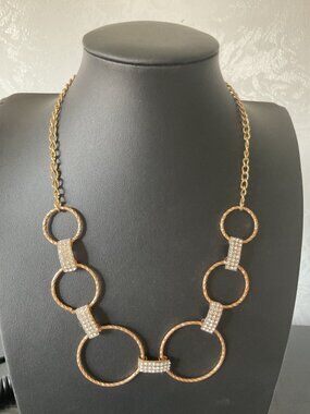 Gold Textured Circle Link Statement Necklace Crystal Rhinestone Bib Collar